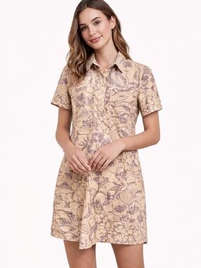 James Perse Slub Cotton Tropical Print Shirt Dress Beige Brown Size 1 Small